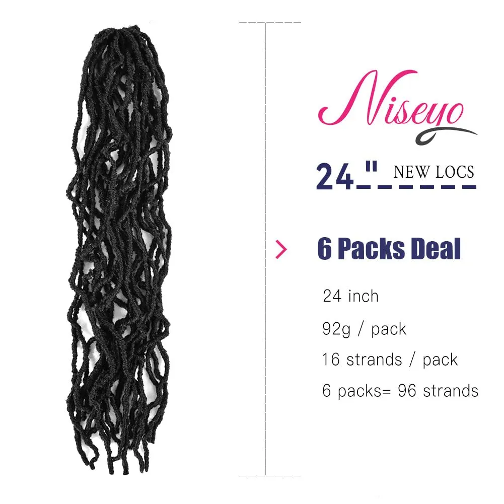 Niseyo Faux Locs Crochet Hair 24 Inch Soft Locs, 6 Packs Long Crochet Locs Pre Looped Crotchet Straight Synthetic Hair Extensions (24 Inch, 1B/Natural Black)