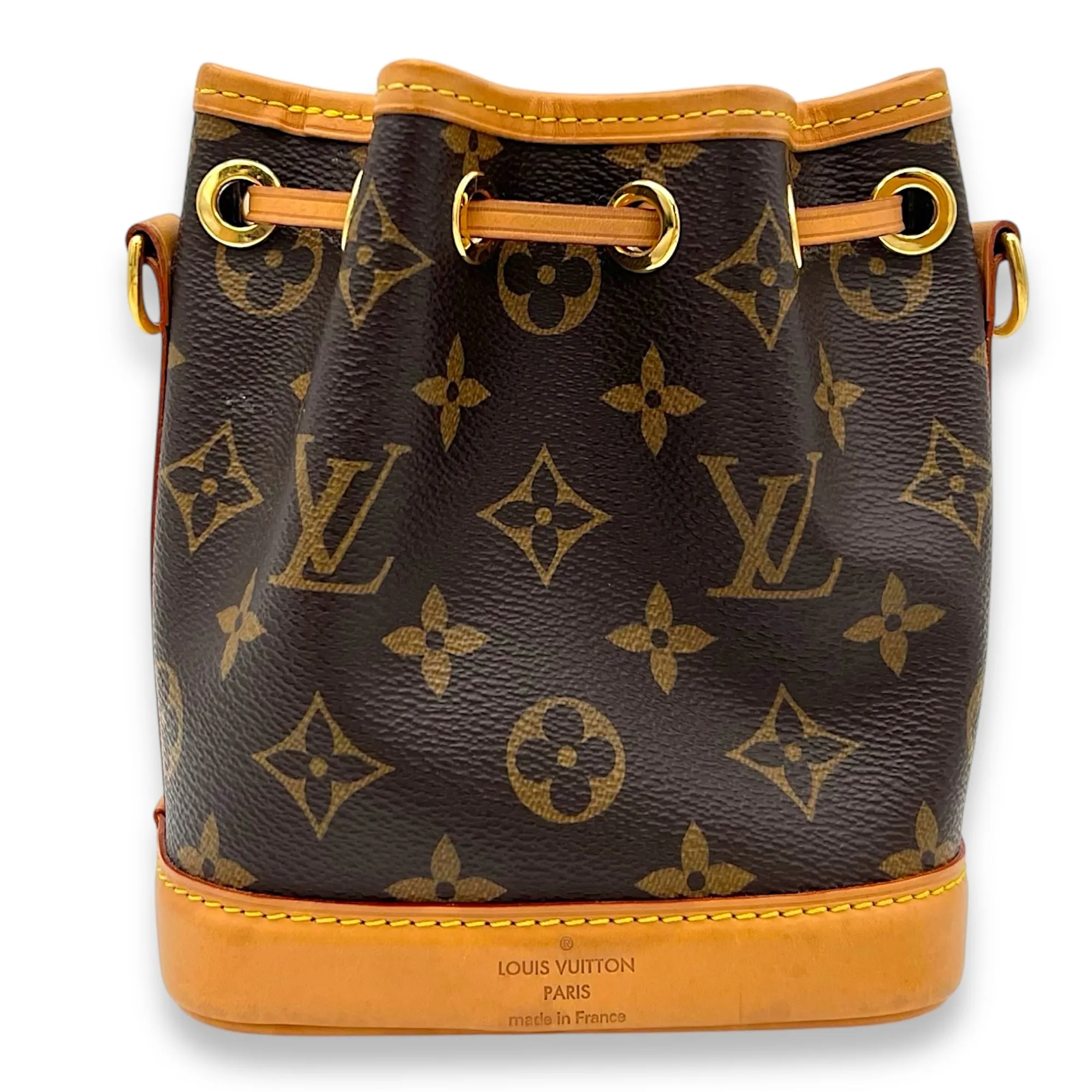 Noe Bucket Bag Nano Brown in Monogram Coated Canvas, Gold hardware