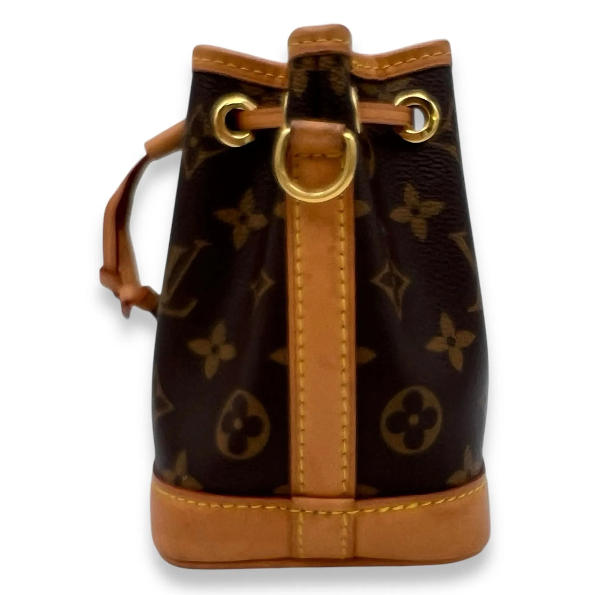 Noe Bucket Bag Nano Brown in Monogram Coated Canvas, Gold hardware