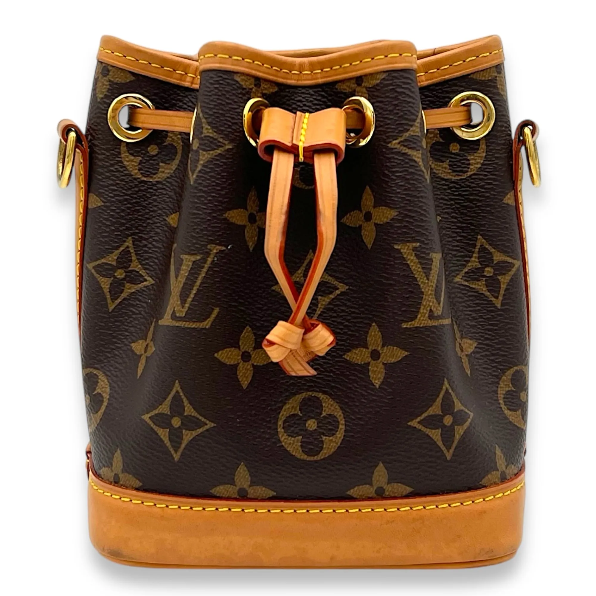 Noe Bucket Bag Nano Brown in Monogram Coated Canvas, Gold hardware