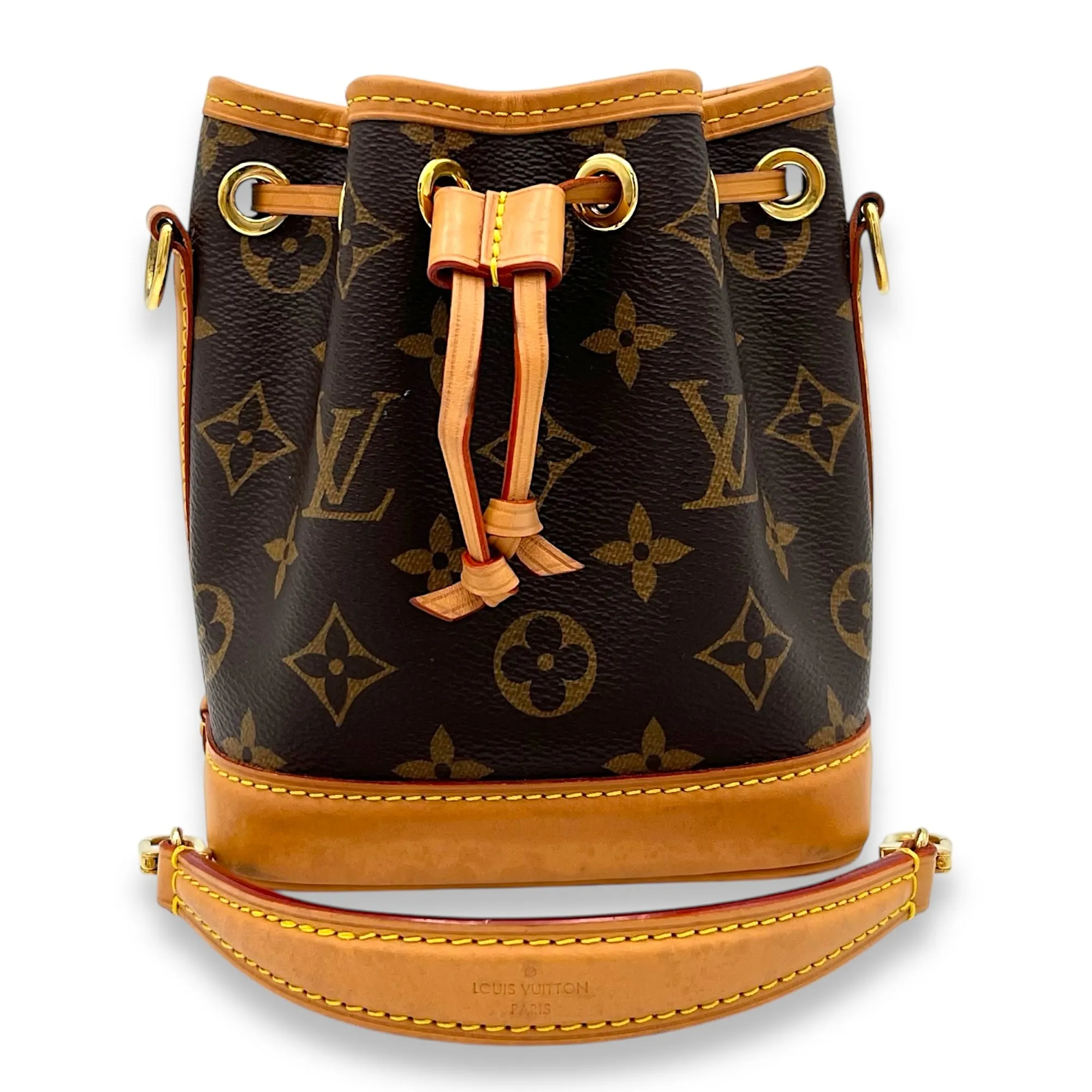 Noe Bucket Bag Nano Brown in Monogram Coated Canvas, Gold hardware