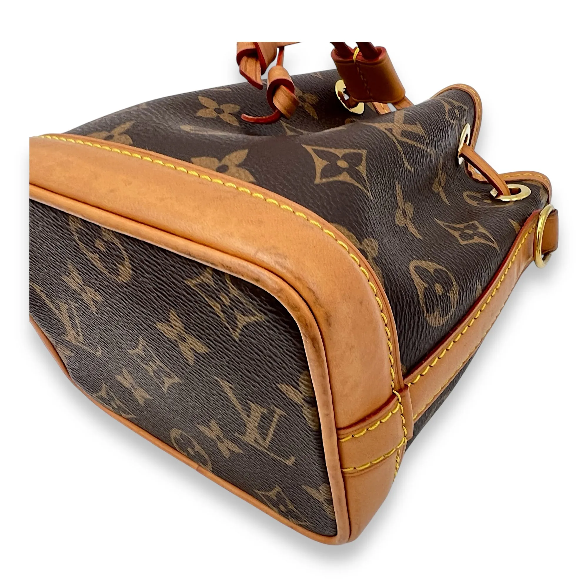 Noe Bucket Bag Nano Brown in Monogram Coated Canvas, Gold hardware