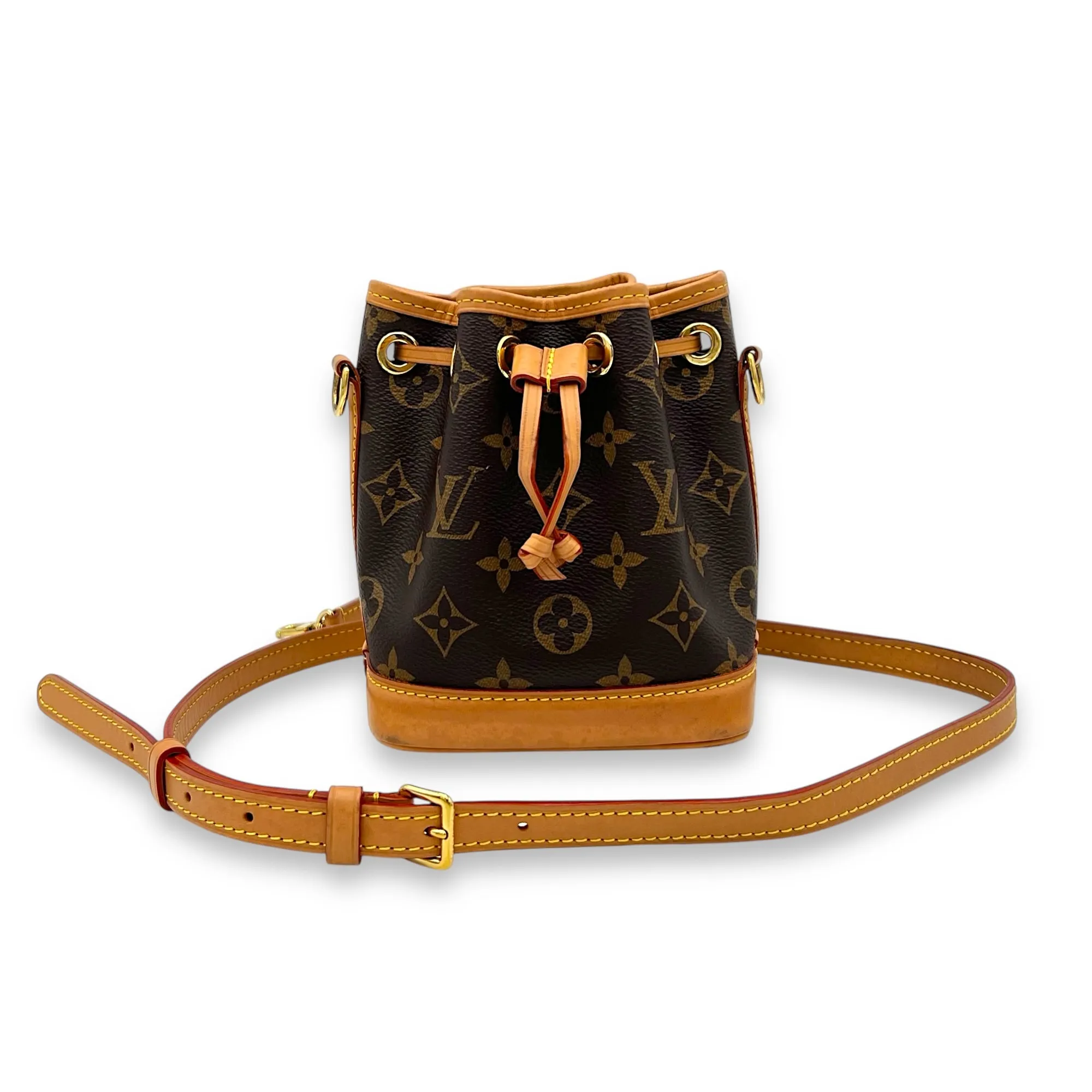 Noe Bucket Bag Nano Brown in Monogram Coated Canvas, Gold hardware