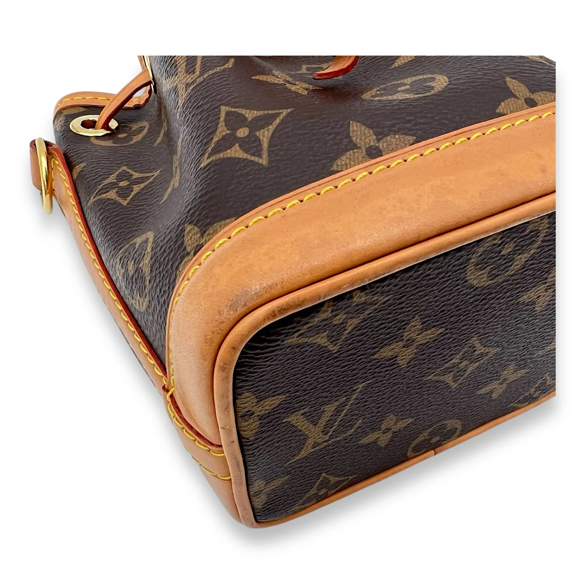 Noe Bucket Bag Nano Brown in Monogram Coated Canvas, Gold hardware