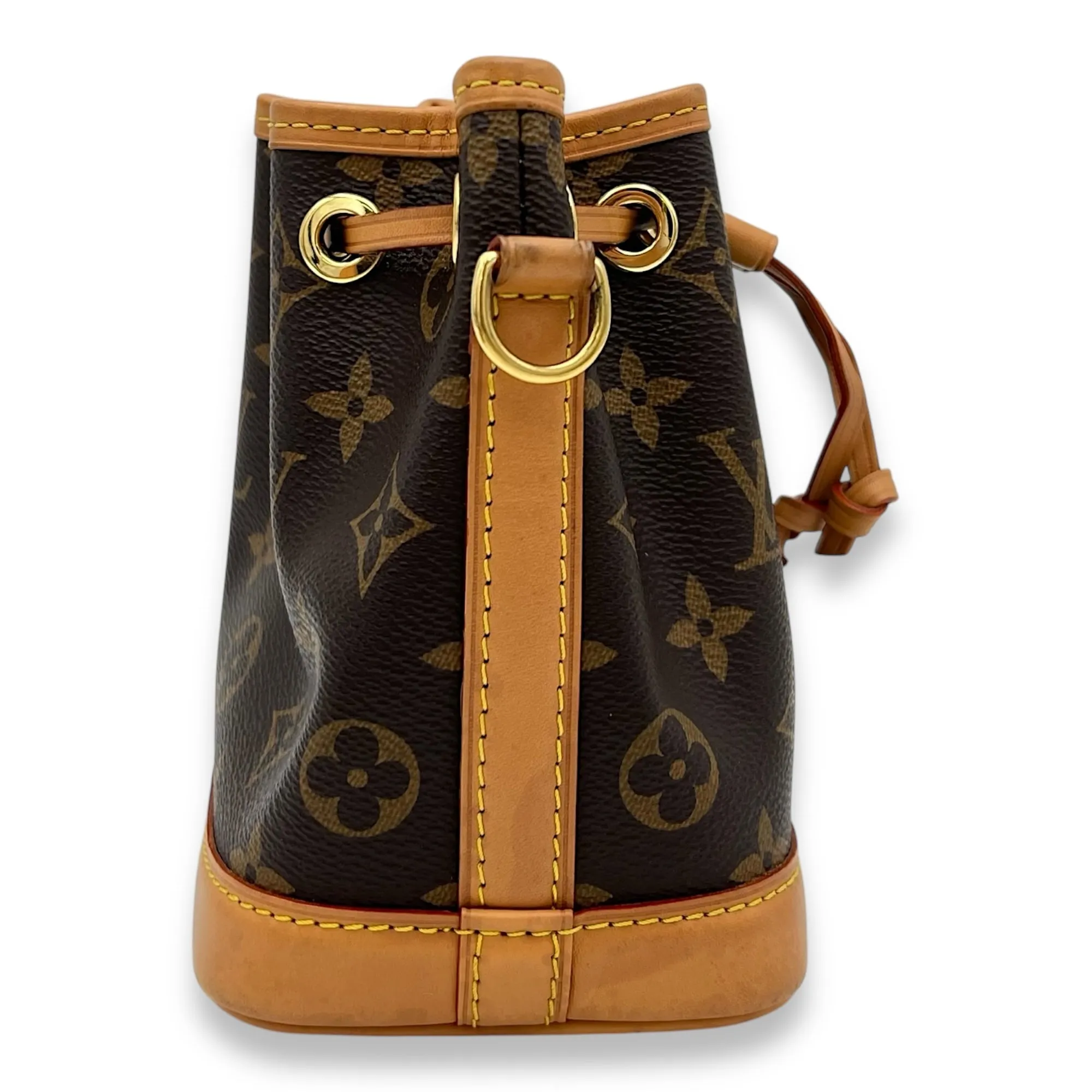 Noe Bucket Bag Nano Brown in Monogram Coated Canvas, Gold hardware