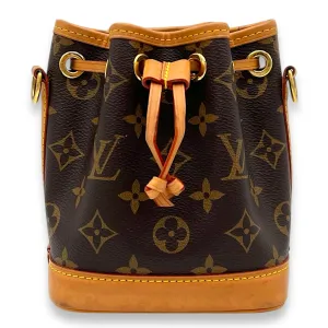 Noe Bucket Bag Nano Brown in Monogram Coated Canvas, Gold hardware