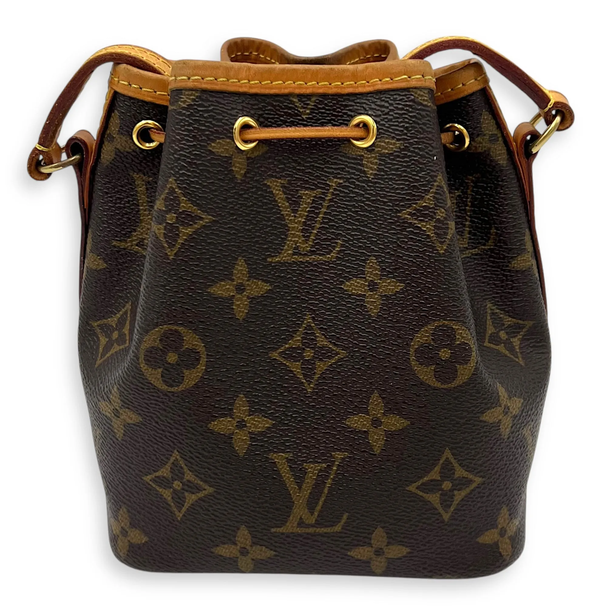 Noe Nano Brown Bucket Bag in Monogram Coated Canvas, Gold hardware