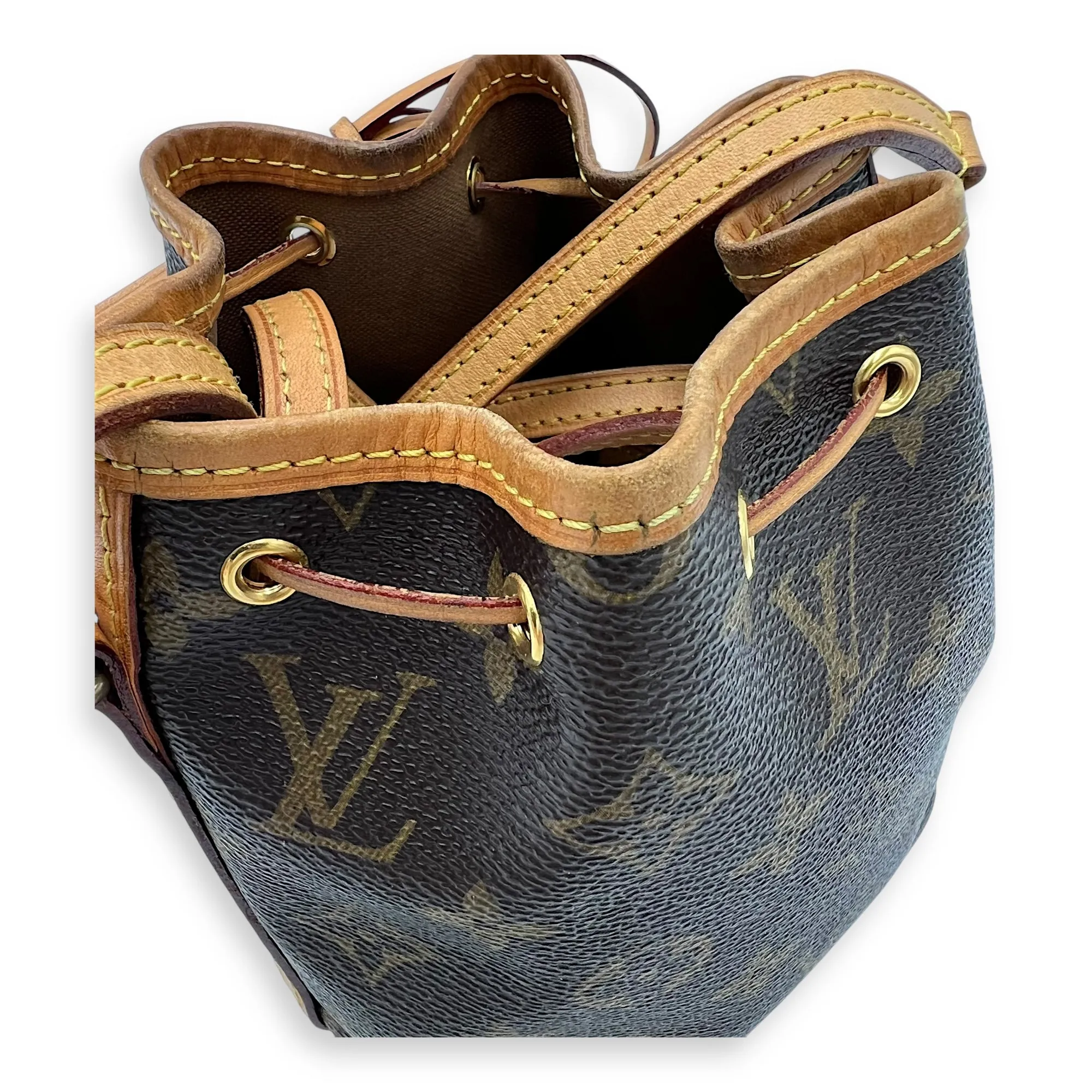 Noe Nano Brown Bucket Bag in Monogram Coated Canvas, Gold hardware