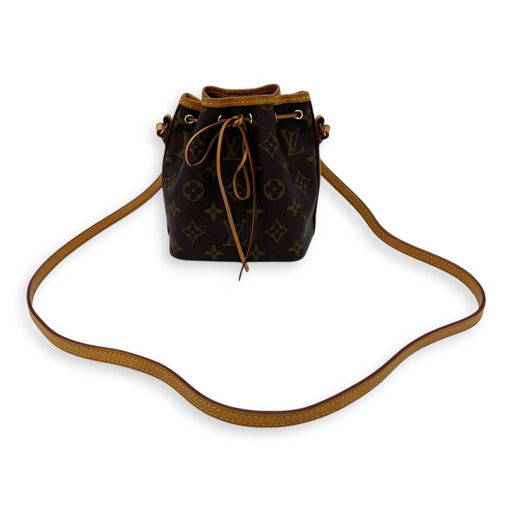 Noe Nano Brown Bucket Bag in Monogram Coated Canvas, Gold hardware
