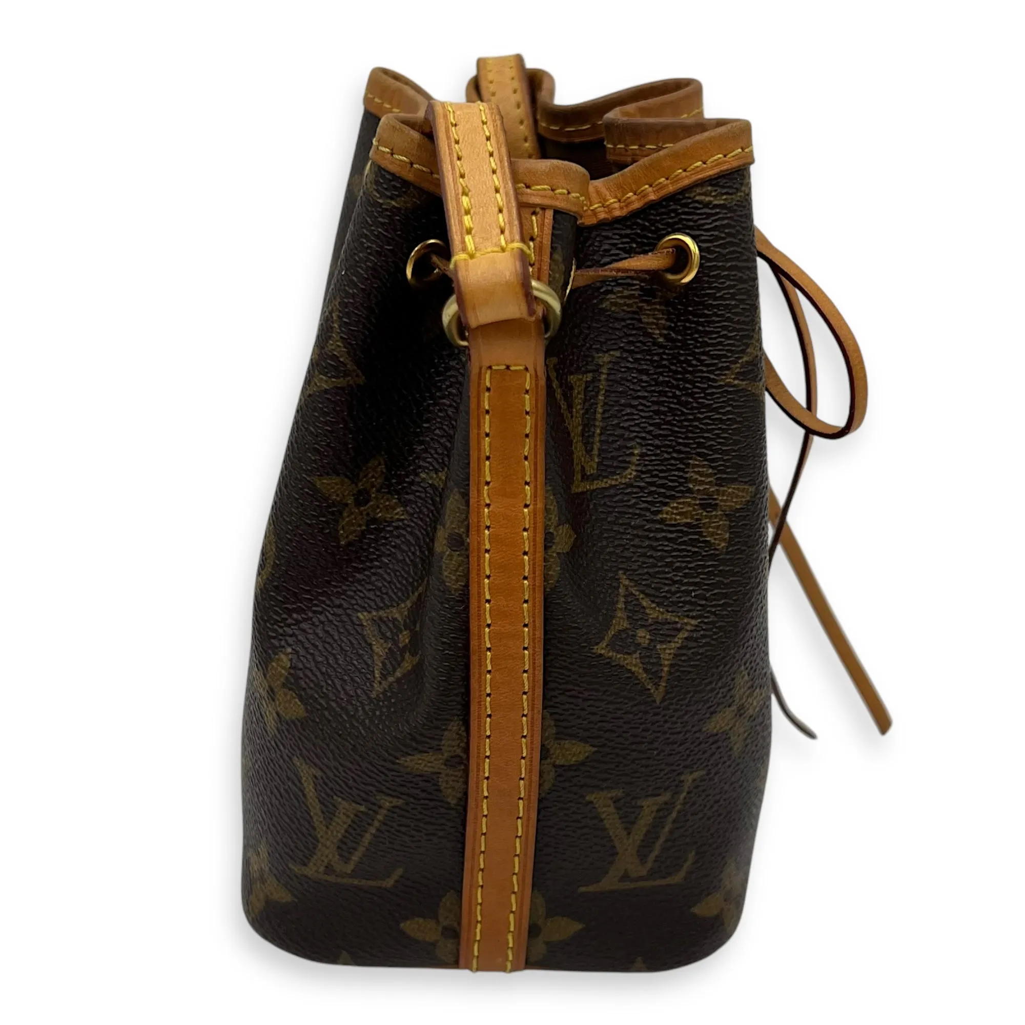 Noe Nano Brown Bucket Bag in Monogram Coated Canvas, Gold hardware