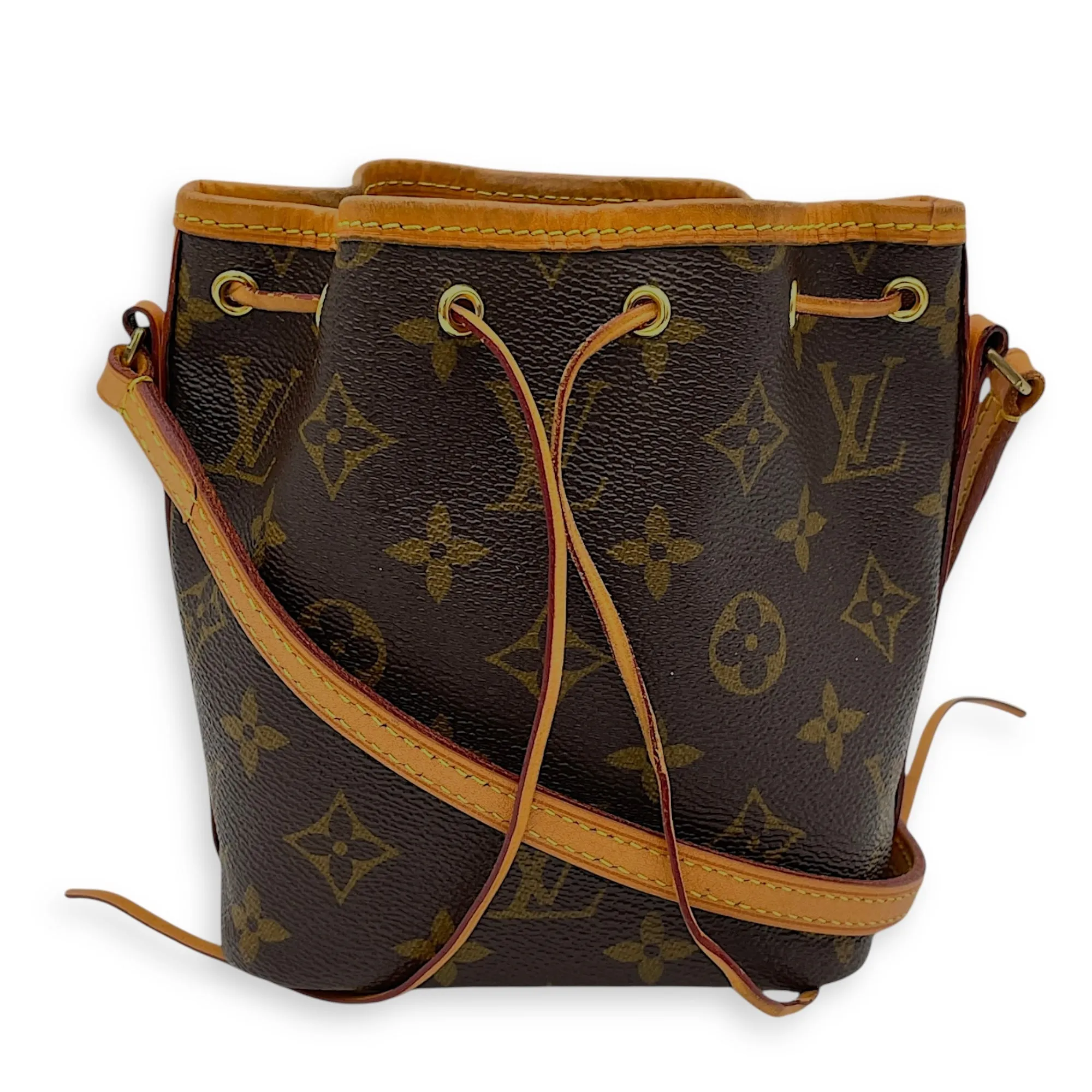 Noe Nano Brown Bucket Bag in Monogram Coated Canvas, Gold hardware