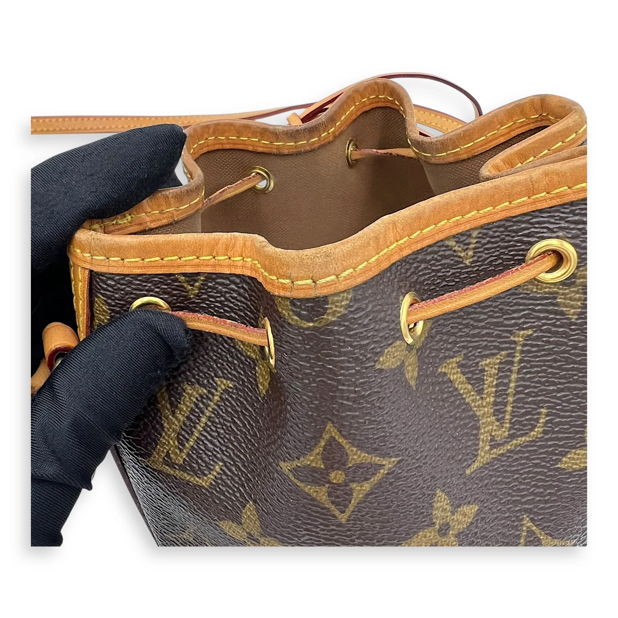 Noe Nano Brown Bucket Bag in Monogram Coated Canvas, Gold hardware
