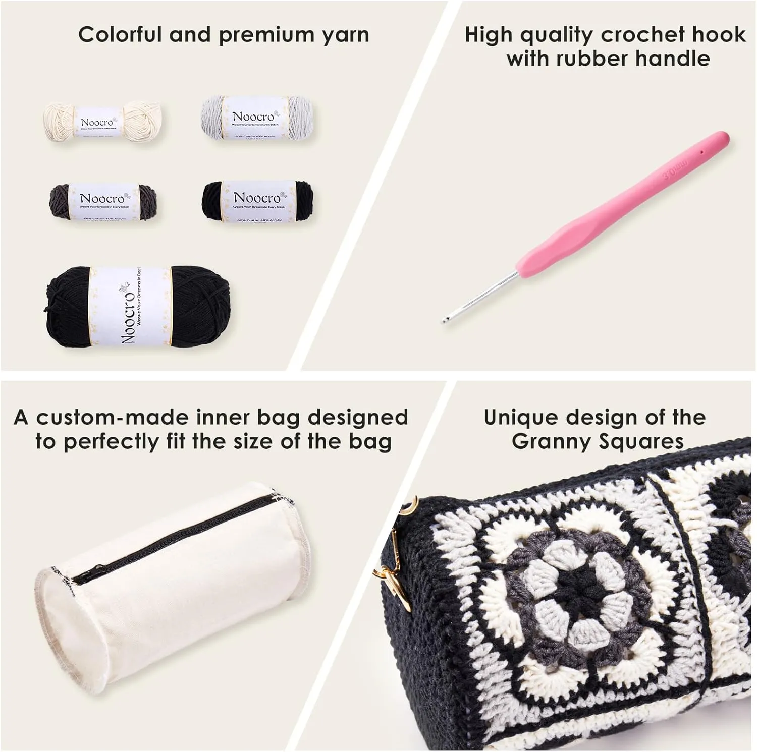 Noocro Crochet Kit for Cylindrical Bucket Bag, Purse, Complete DIY Kit with Detailed Instructions, Video Tutorials, for Beginners with Basic Crochet Knowledge or Intermediate and Advanced Crocheters