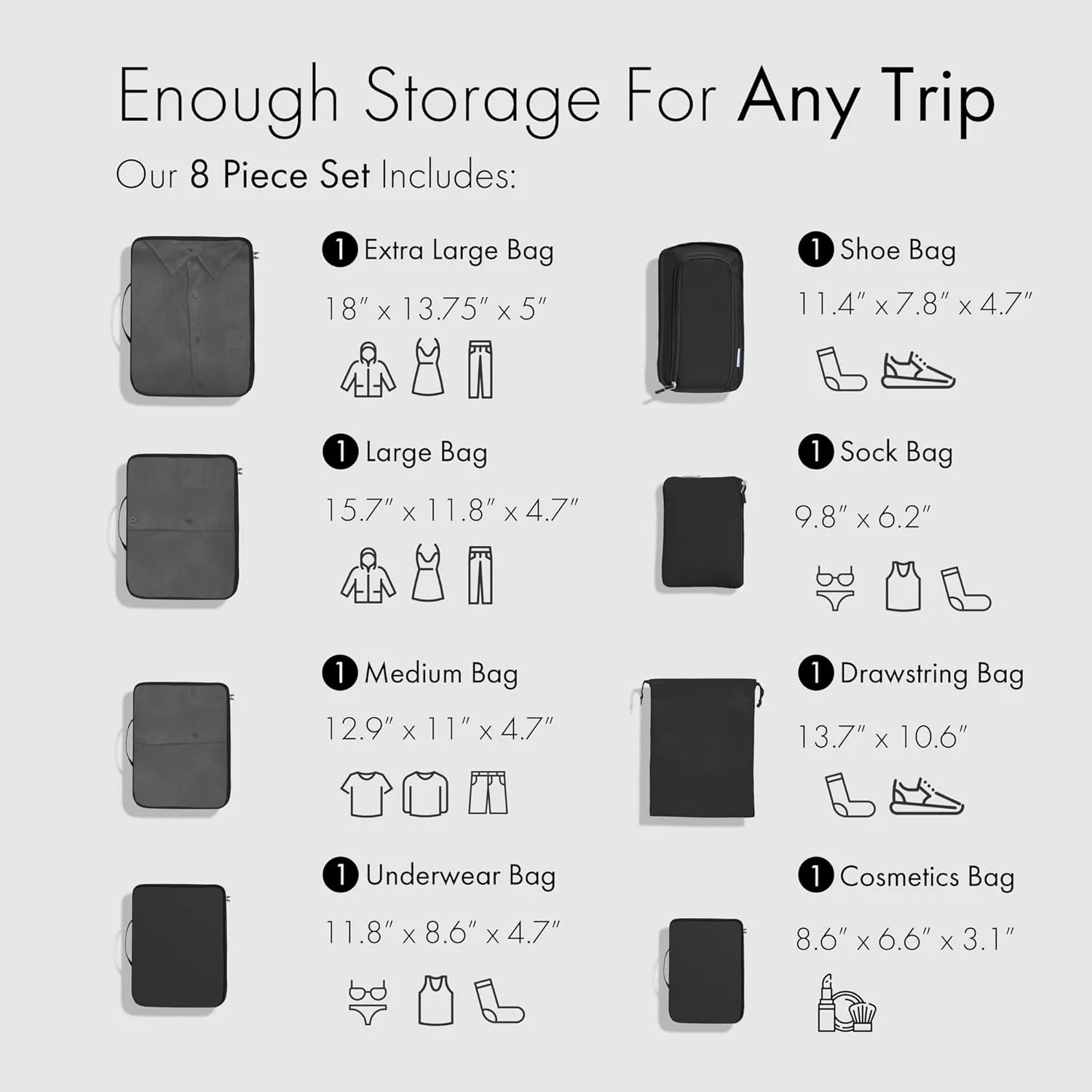 (Not Made In China) 8 Set Packing Cubes For Travel, Luggage and Suitcase Organizer Bags, Cruise Ship Essentials, TSA and Airline Approved Travel Accessories (Black)