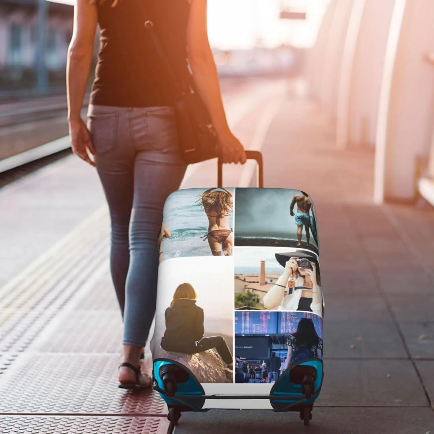 Nsipan Custom Luggage Cover with Collage Pictures Customizable Suitcase Cover Protector with Photo Customized Elastic Suitcase Protector Washable Anti-Scratch Luggage Sleeve