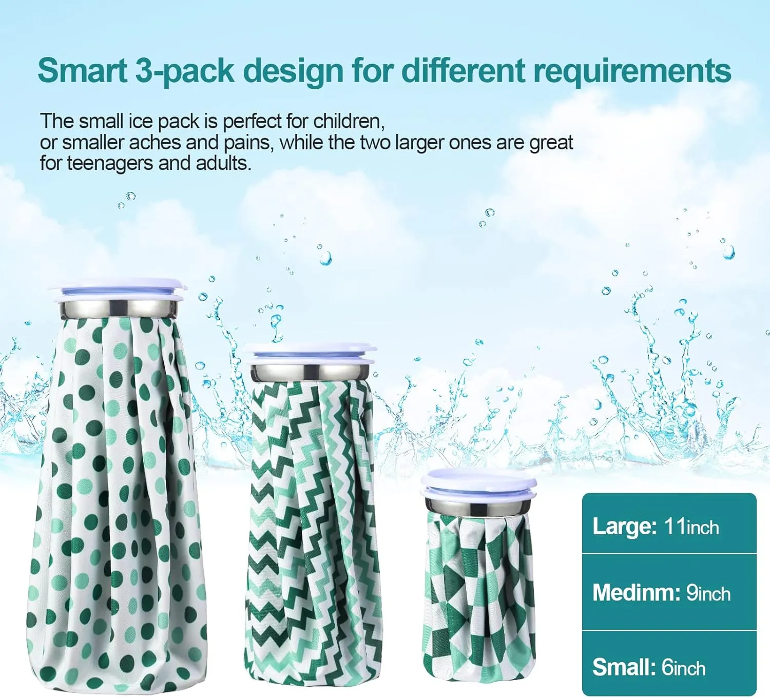 Nuanchu 3 Pieces Ice Packs for Injuries Reusable Ice Packs with Adjustable Wrap Cold and Hot Therapy and Pain Relief for Knee Leg Injury, 3 Sizes, 11, 9, 6 Inch (4 Set)(Polka Dot,Green)