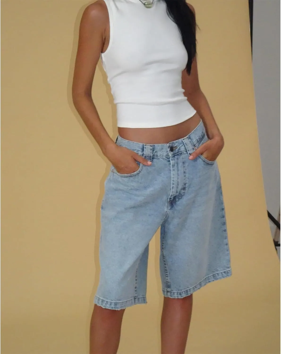 NUFIWI Women Y2k Boyfriend Denim Shorts Low Waist Wide Leg Bermuda Shorts Straight Leg Summer Jean Shorts Streetwear