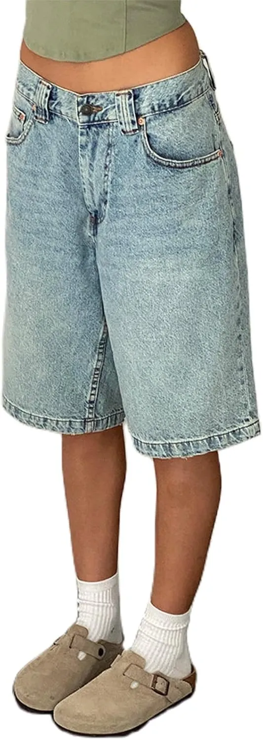 NUFIWI Women Y2k Boyfriend Denim Shorts Low Waist Wide Leg Bermuda Shorts Straight Leg Summer Jean Shorts Streetwear