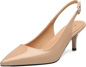 NUMALEO Slingback Heels for Women Pointed Close Toe Kitten Heels Patent Pumps Dress Party Comfy Stiletto 2.5 Inch Dress Shoes