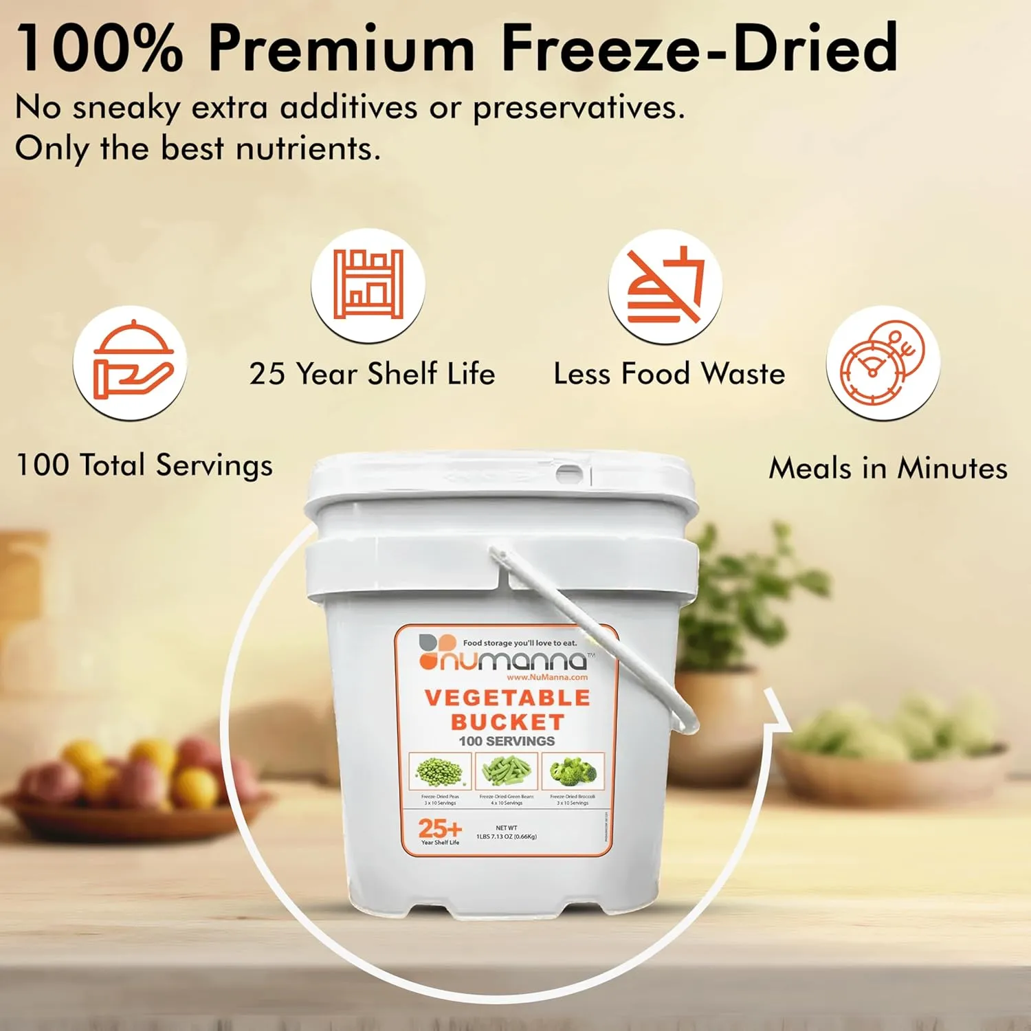 NuManna Freeze-Dried Vegetables Bucket | 100 Servings Contains Peas, Green Beans & Broccoli | Non-GMO, No Preservatives, No MSG Camping and Emergency Veggie Meal Survival Food with 25 Years Shelf Life