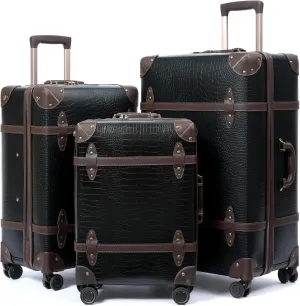 NZBZ Vintage Luggage Sets for Women, 3 Piece Faux Leather Retro Luggage Sets, Hardside Lightweight Spinner Suitcases, Vintage Suitcase Set for Travel (Black Alligator, 20inch & 24inch & 28inch)