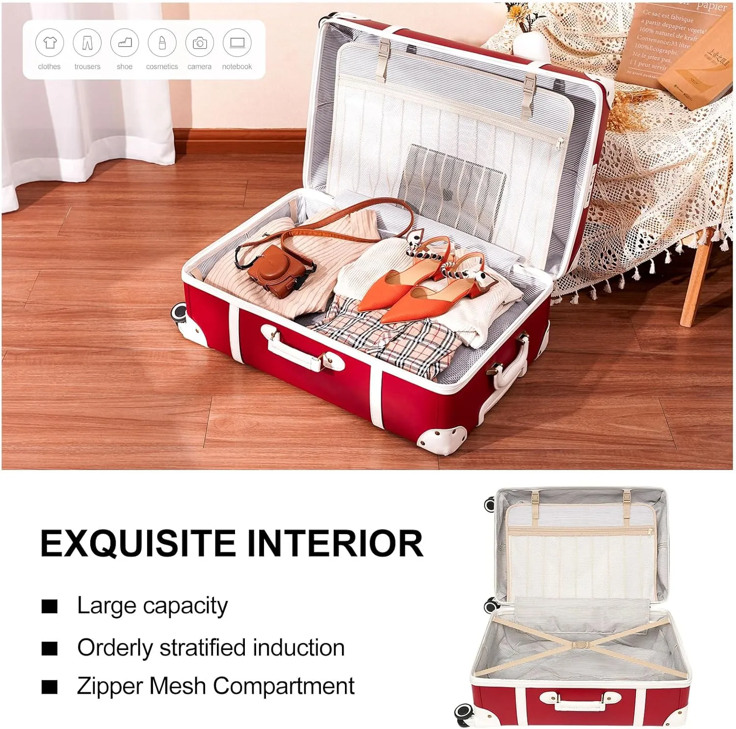 NZBZ Vintage Luggage Sets for Women Durable Retro Trunk Luggage Vintage Suitcase Set, Antique luggage set with Leather Accents (Cherry Red, 20inch & 24inch & 28inch)