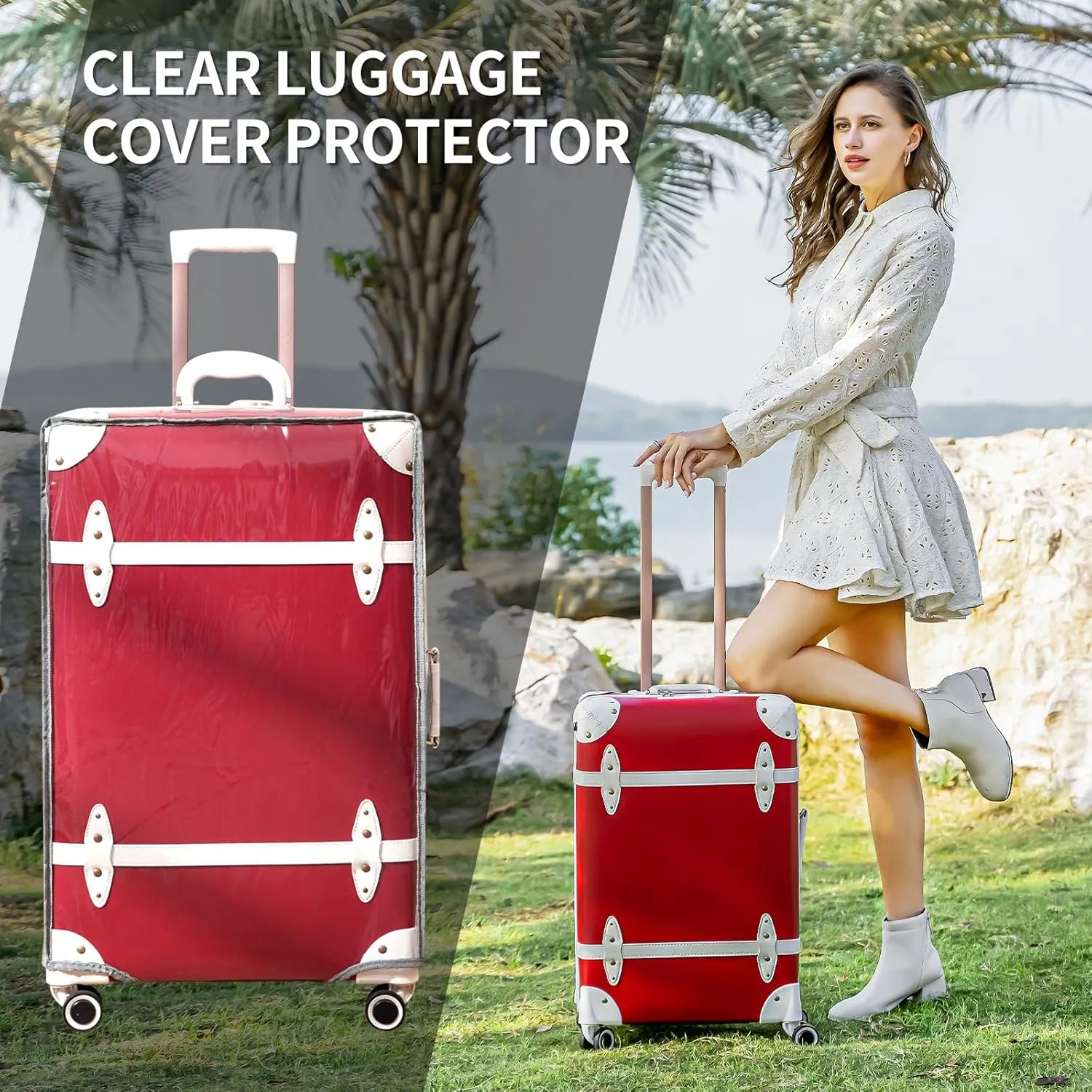 NZBZ Vintage Luggage Sets for Women Durable Retro Trunk Luggage Vintage Suitcase Set, Antique luggage set with Leather Accents (Cherry Red, 20inch & 24inch & 28inch)