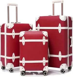 NZBZ Vintage Luggage Sets for Women Durable Retro Trunk Luggage Vintage Suitcase Set, Antique luggage set with Leather Accents (Cherry Red, 20inch & 24inch & 28inch)