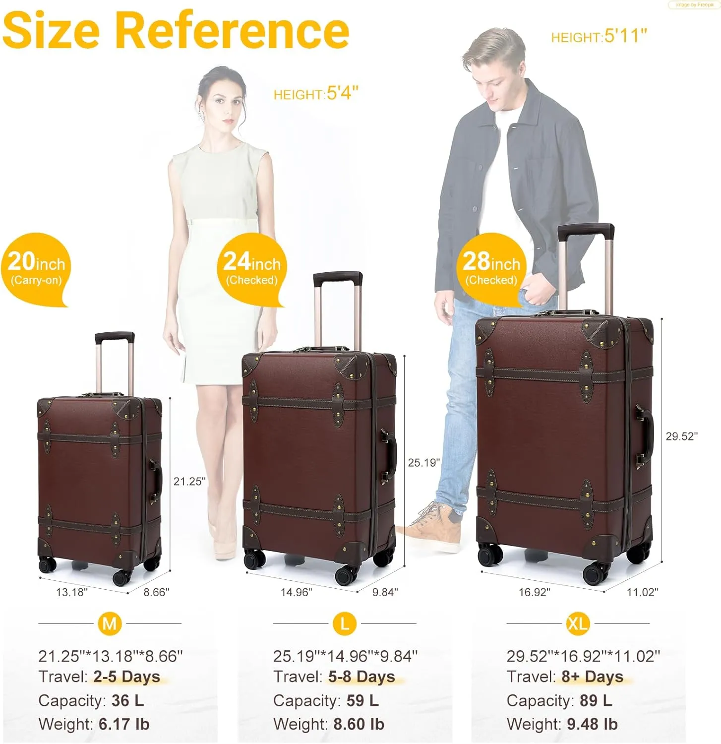 NZBZ Vintage Luggage Sets for Women, PU Leather Retro Suitcase, Vintage Trunk Luggage 3 Pieces, Vintage Suitcase Set (Caramel Brown, 20", 24" & 28")