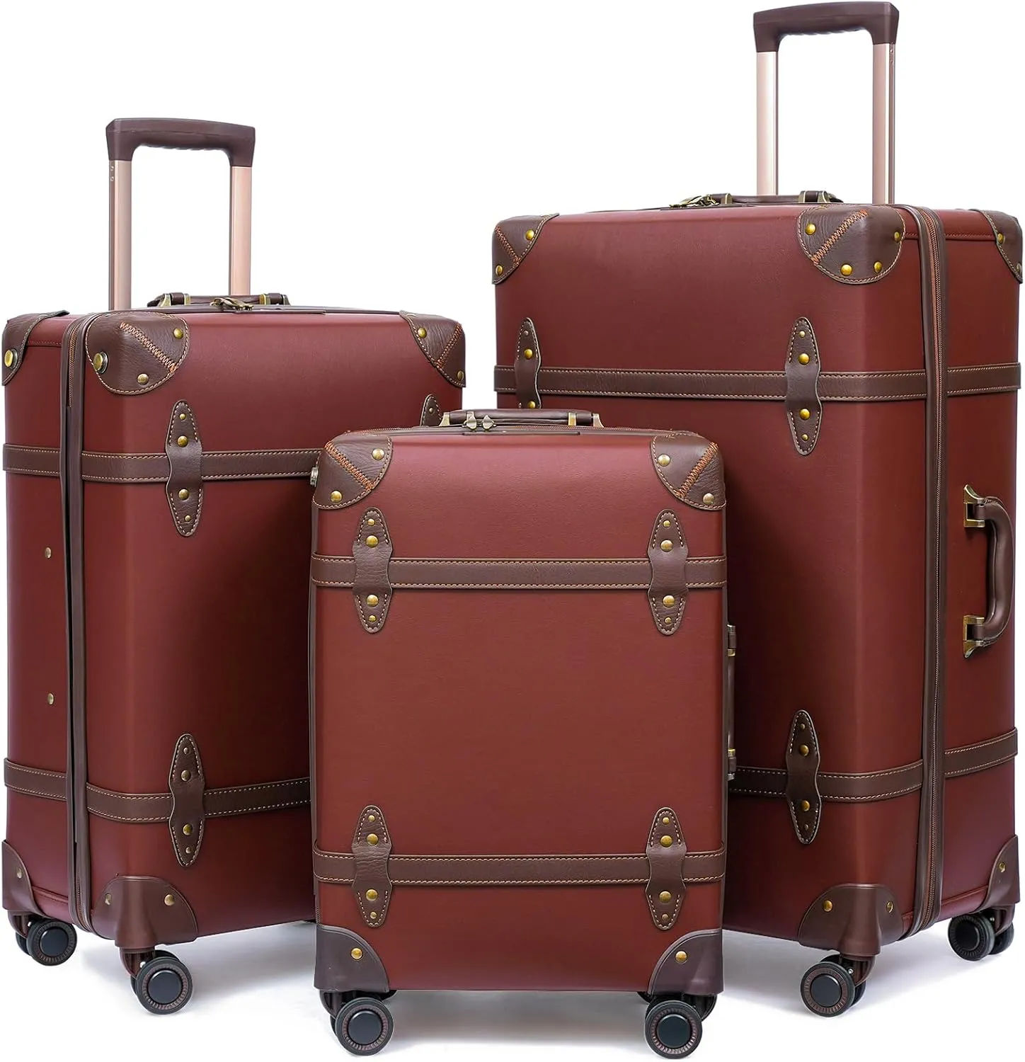 NZBZ Vintage Luggage Sets for Women, PU Leather Retro Suitcase, Vintage Trunk Luggage 3 Pieces, Vintage Suitcase Set (Caramel Brown, 20", 24" & 28")