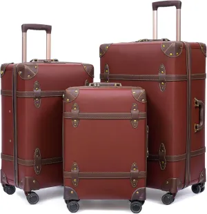 NZBZ Vintage Luggage Sets for Women, PU Leather Retro Suitcase, Vintage Trunk Luggage 3 Pieces, Vintage Suitcase Set (Caramel Brown, 20", 24" & 28")