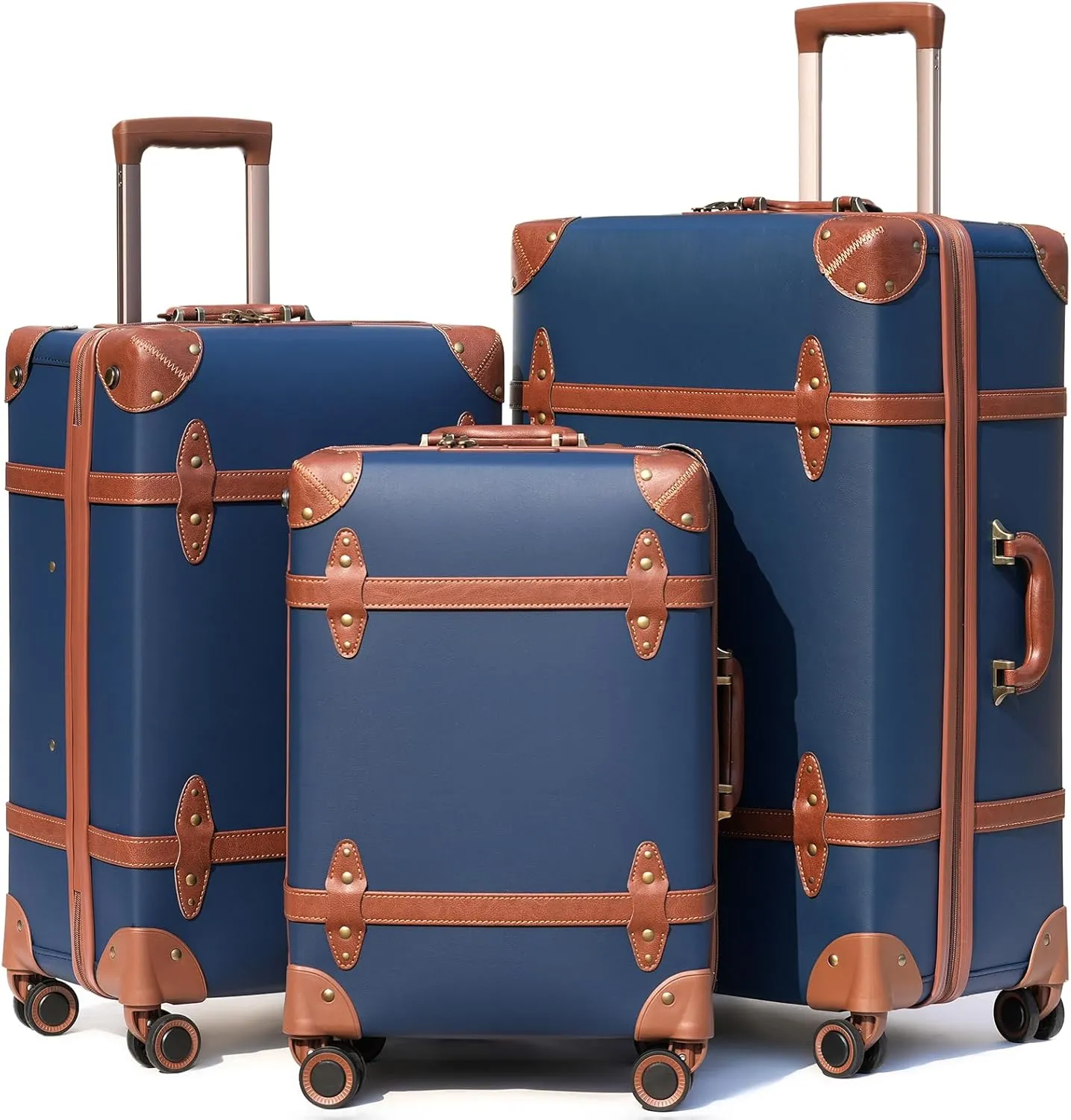 NZBZ Vintage Luggage Sets for Women, PU Leather Retro Suitcase, Vintage Trunk Luggage, Vintage Suitcase Set (Blue, 20inch & 24inch & 28inch)
