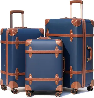 NZBZ Vintage Luggage Sets for Women, PU Leather Retro Suitcase, Vintage Trunk Luggage, Vintage Suitcase Set (Blue, 20inch & 24inch & 28inch)