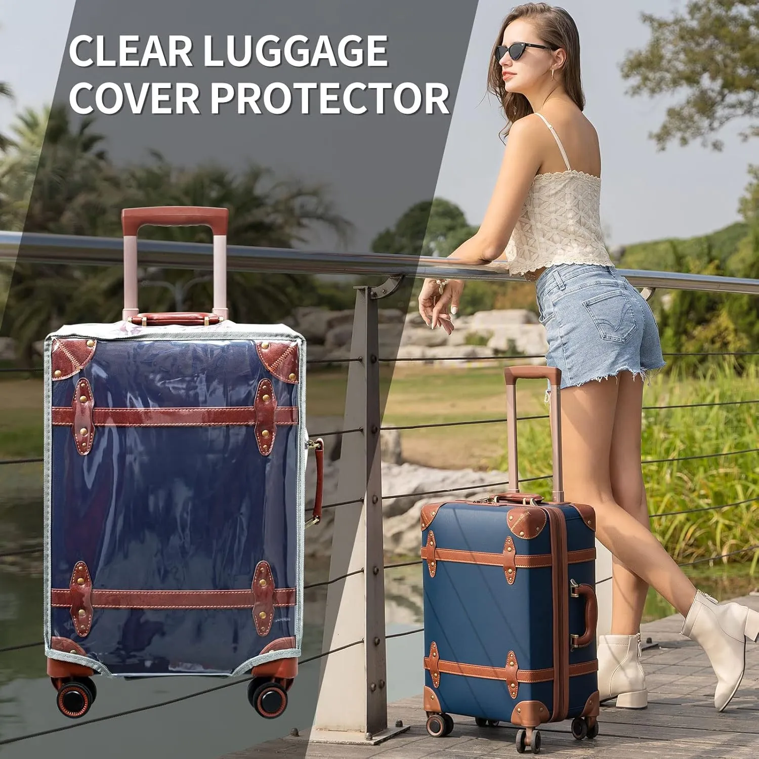 NZBZ Vintage Luggage Sets for Women, PU Leather Retro Suitcase, Vintage Trunk Luggage, Vintage Suitcase Set (Blue, 20inch & 24inch & 28inch)