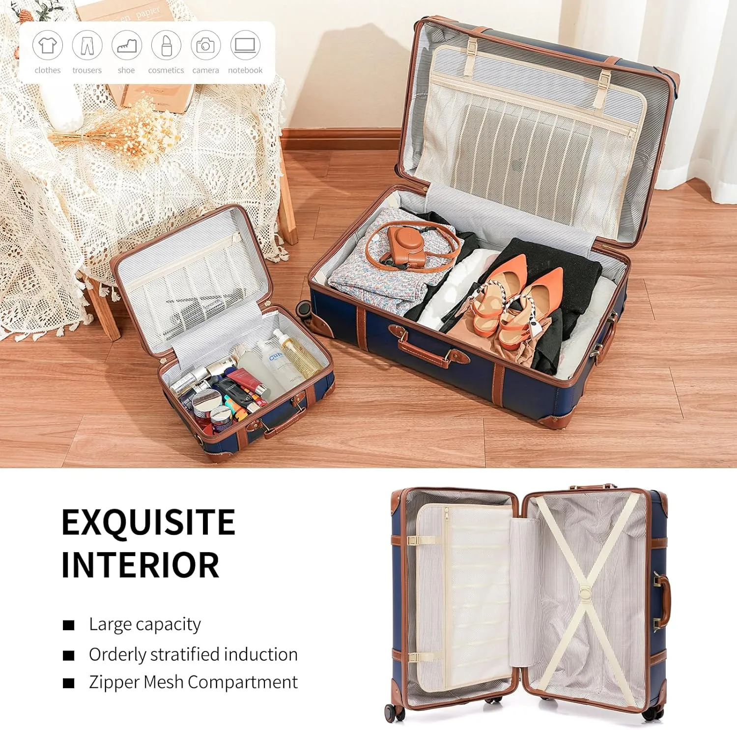 NZBZ Vintage Luggage Sets for Women, PU Leather Retro Suitcase, Vintage Trunk Luggage, Vintage Suitcase Set (Blue, 20inch & 24inch & 28inch)