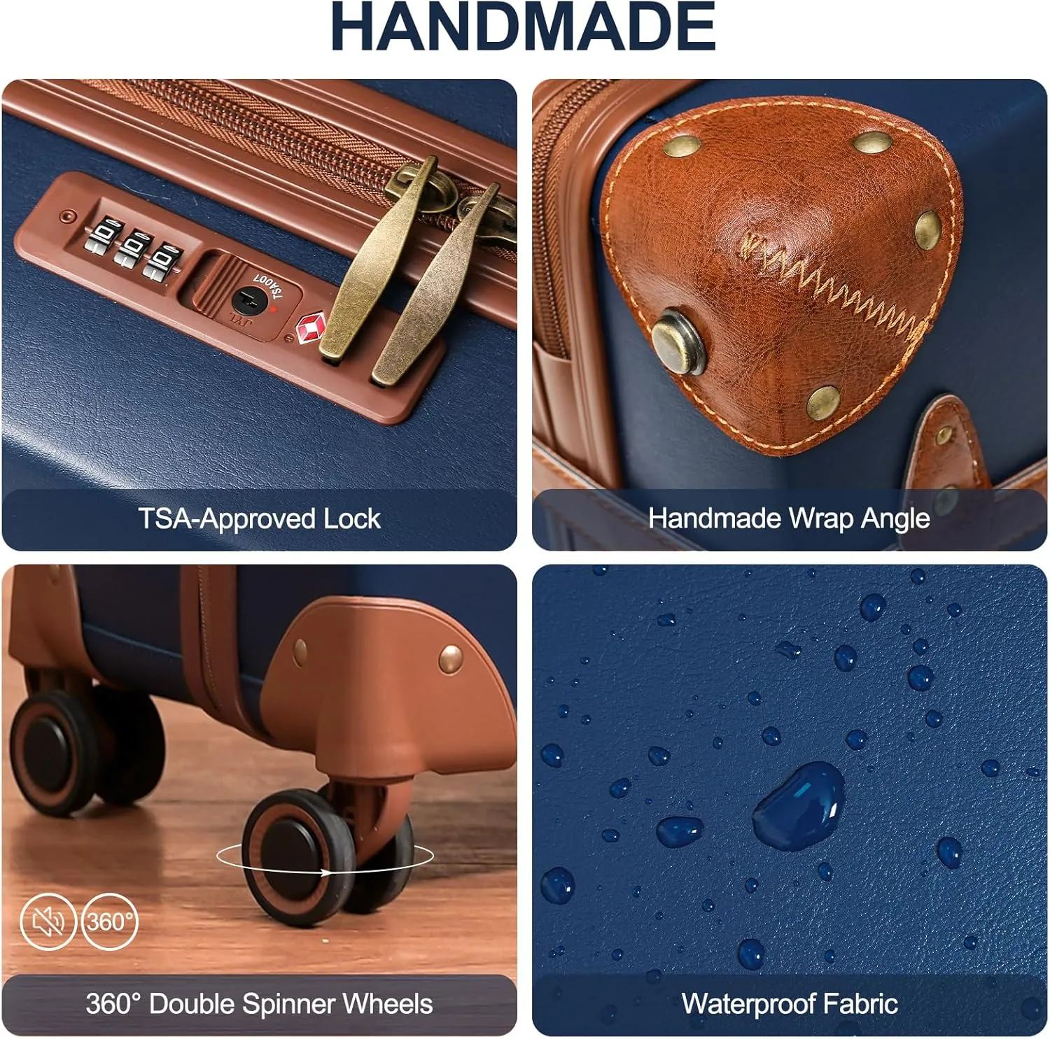 NZBZ Vintage Luggage Sets for Women, PU Leather Retro Suitcase, Vintage Trunk Luggage, Vintage Suitcase Set (Blue, 20inch & 24inch & 28inch)