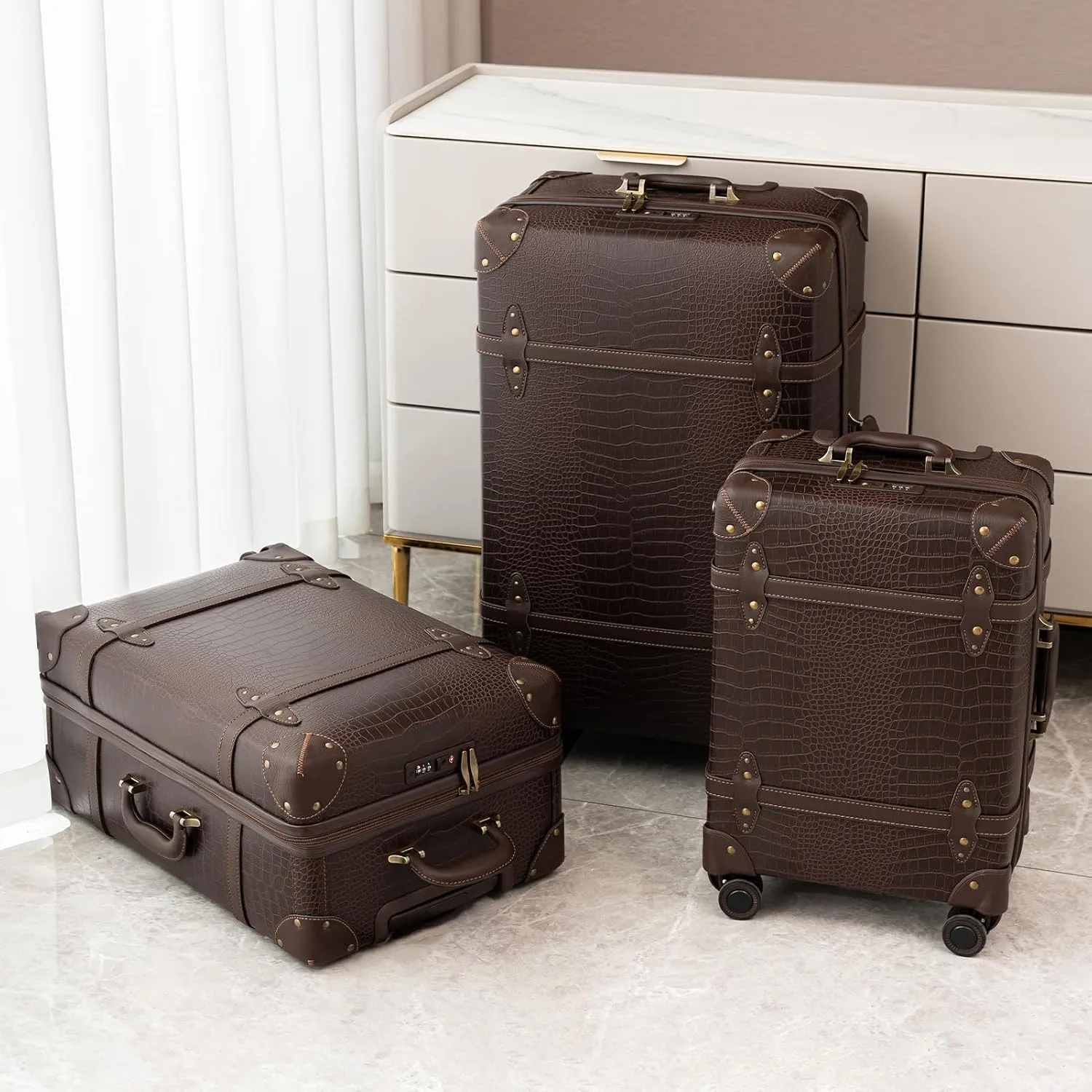 NZBZ Vintage Luggage Sets for Women, PU Leather Retro Suitcase, Vintage Trunk Luggage, Vintage Suitcase Set, TWO COLOURSRANDOMLY SHIPPED (Black or Brown, 20inch & 24inch & 28inch)