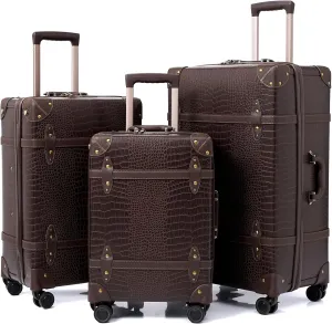 NZBZ Vintage Luggage Sets for Women, PU Leather Retro Suitcase, Vintage Trunk Luggage, Vintage Suitcase Set, TWO COLOURSRANDOMLY SHIPPED (Black or Brown, 20inch & 24inch & 28inch)