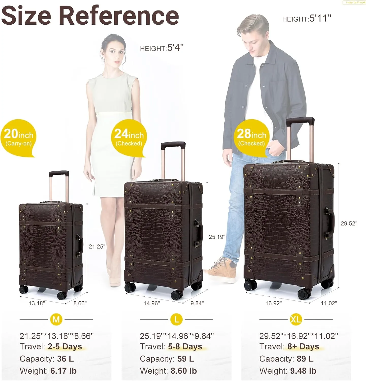 NZBZ Vintage Luggage Sets for Women, PU Leather Retro Suitcase, Vintage Trunk Luggage, Vintage Suitcase Set, TWO COLOURSRANDOMLY SHIPPED (Black or Brown, 20inch & 24inch & 28inch)
