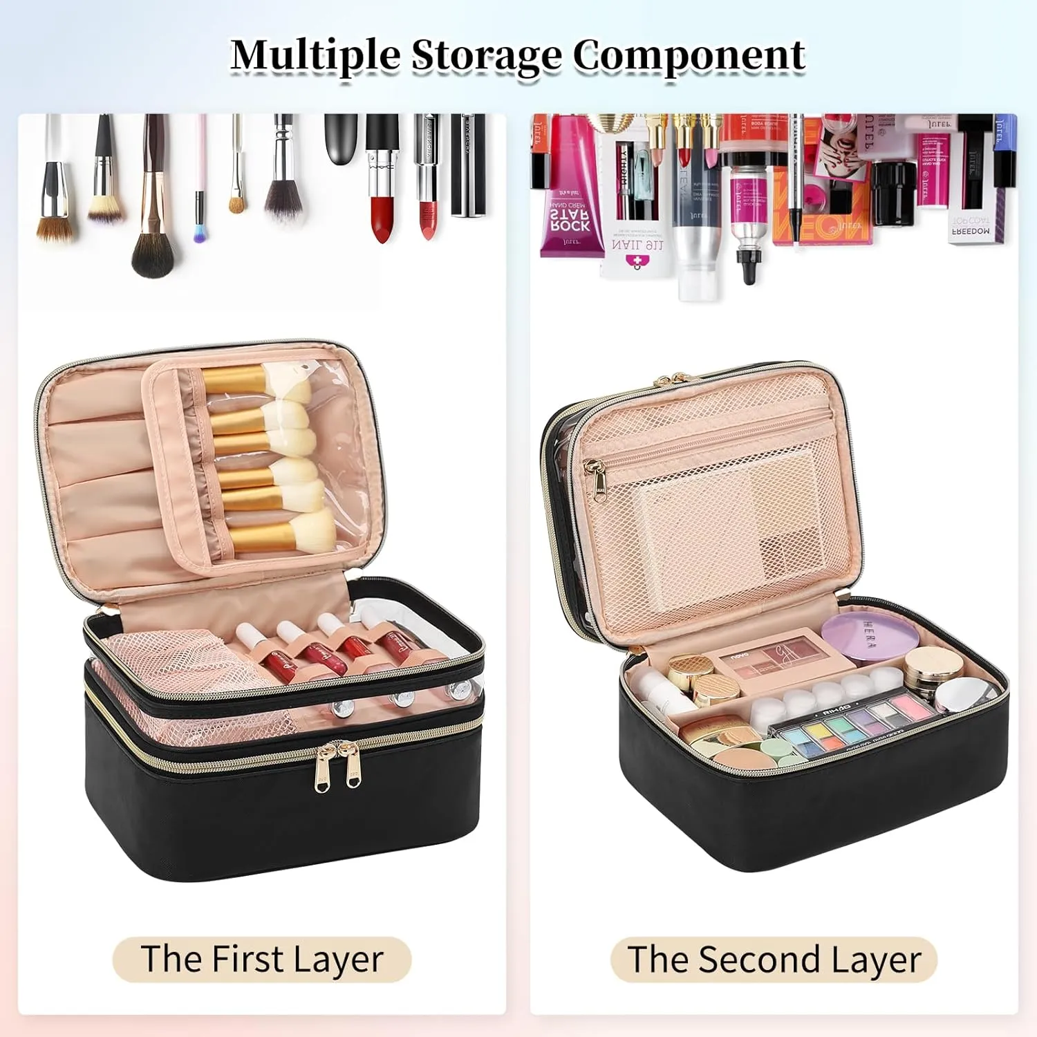 OCHEAL Makeup Bag, Double Layer Cosmetic Bag, Large Capacity Travel Makeup Organizer Bag, Make up Bags for Women and Girls Traveling Toiletry Bag With Handle and Divider-Black