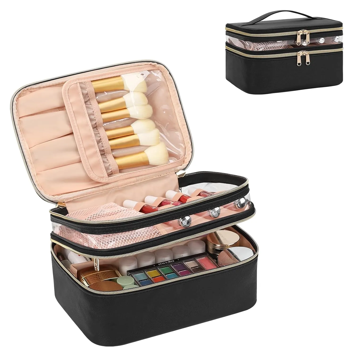 OCHEAL Makeup Bag, Double Layer Cosmetic Bag, Large Capacity Travel Makeup Organizer Bag, Make up Bags for Women and Girls Traveling Toiletry Bag With Handle and Divider-Black