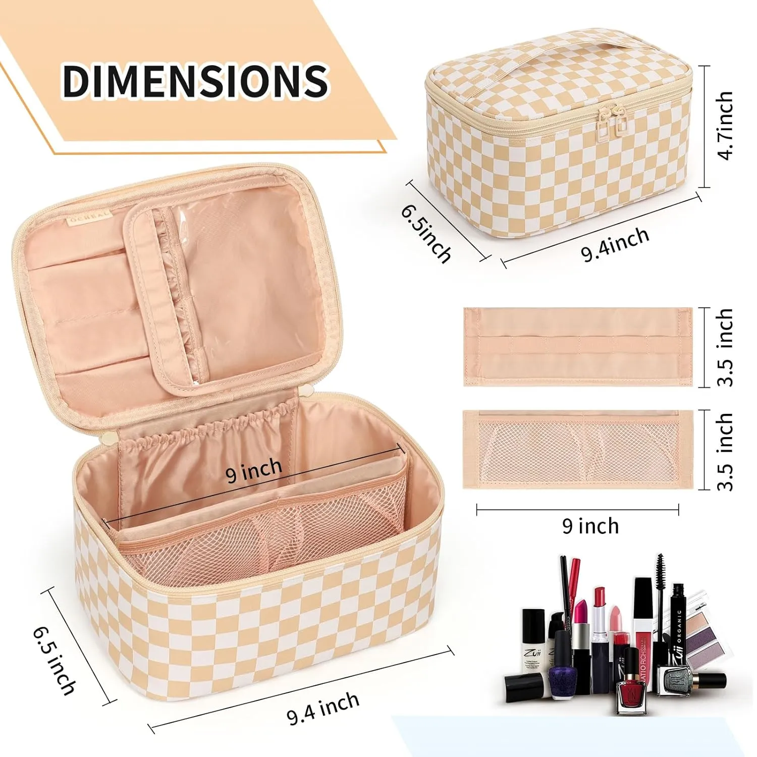 OCHEAL Makeup Bag,Travel Makeup Organizer Case, Large Capacity Cosmetic Bags for Wome Travel Toiletry Bag for Girls Traveling With Brush Slot And Divider-Plaid Beige