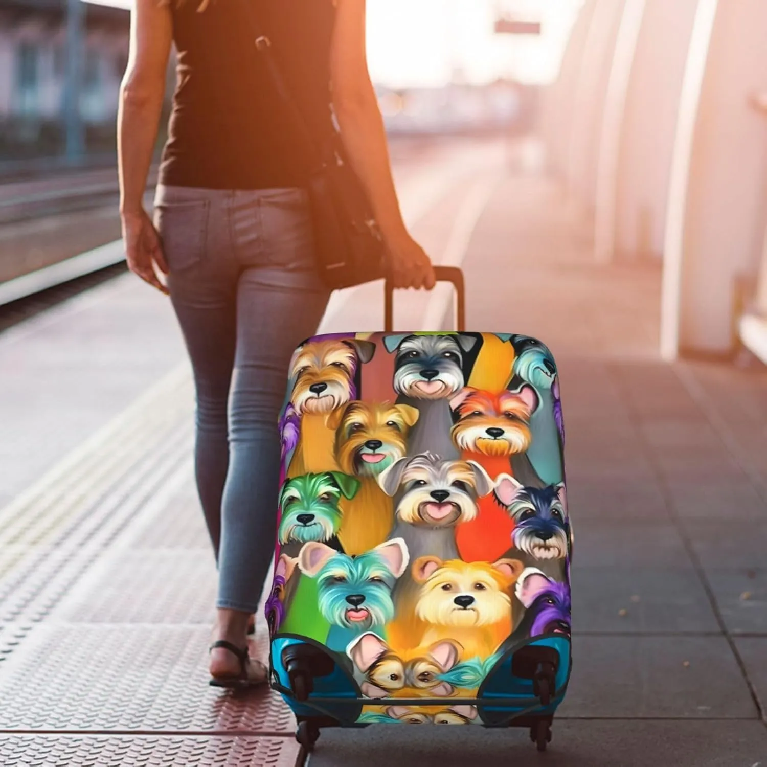 Oil Cute Schnauzer Dogs Travel Luggage Cover Suitcase Protector Fits 18-22 Inch Luggage,Anti Scratch Dirt Covers