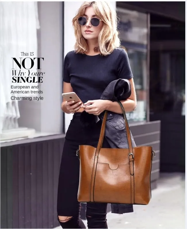 Oil Leather Tote Bag Fashion Ladies Big Bag Shoulder Crossbody Bag