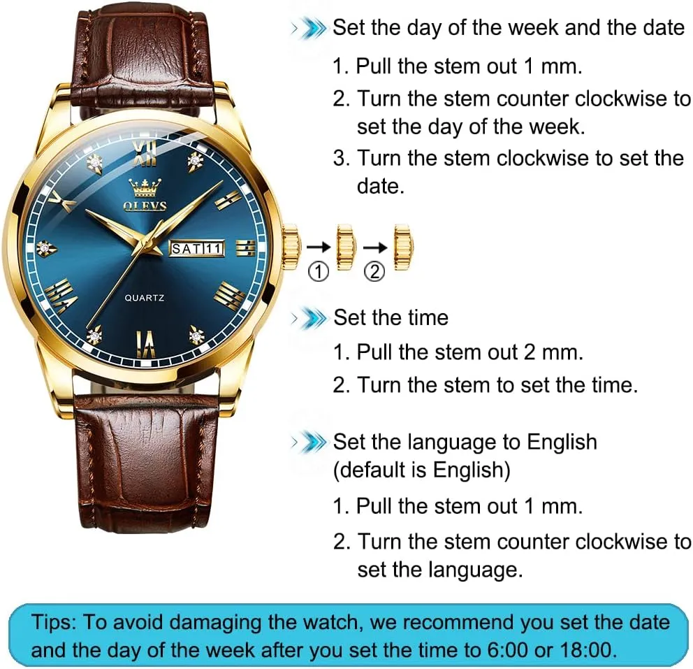 OLEVS Men's Simple Watch with Day and Date, Stainless Steel Analog Quartz Watches for Men, Classic Luminous Hands Men's Dress Watches, Black/White/Blue Dial