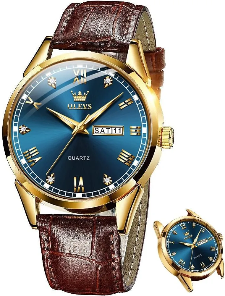 OLEVS Men's Simple Watch with Day and Date, Stainless Steel Analog Quartz Watches for Men, Classic Luminous Hands Men's Dress Watches, Black/White/Blue Dial