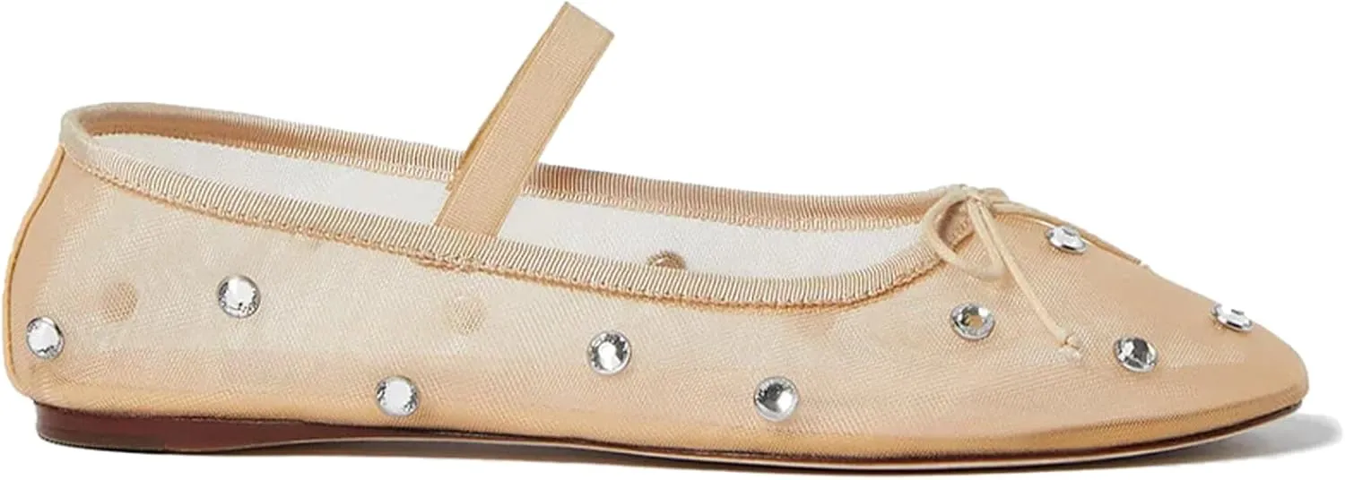 olomisa Mesh Ballet Flats for Women Crystal Embellished Flats Rhinestone Ballerina Flats Snip Toe Stretch Band Shoes Mary Jane Flats