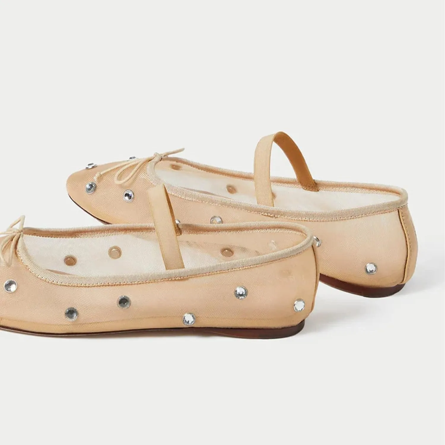 olomisa Mesh Ballet Flats for Women Crystal Embellished Flats Rhinestone Ballerina Flats Snip Toe Stretch Band Shoes Mary Jane Flats