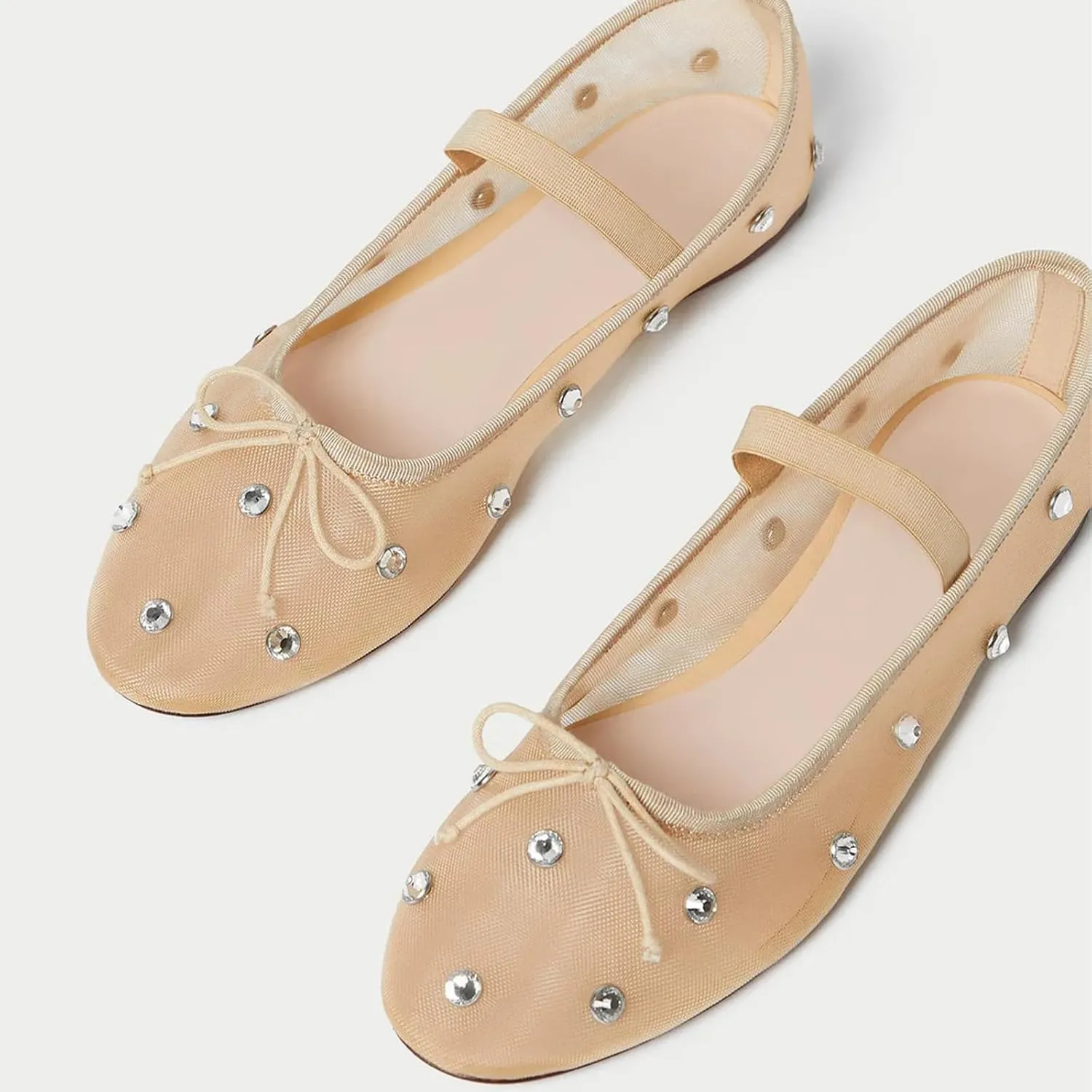 olomisa Mesh Ballet Flats for Women Crystal Embellished Flats Rhinestone Ballerina Flats Snip Toe Stretch Band Shoes Mary Jane Flats