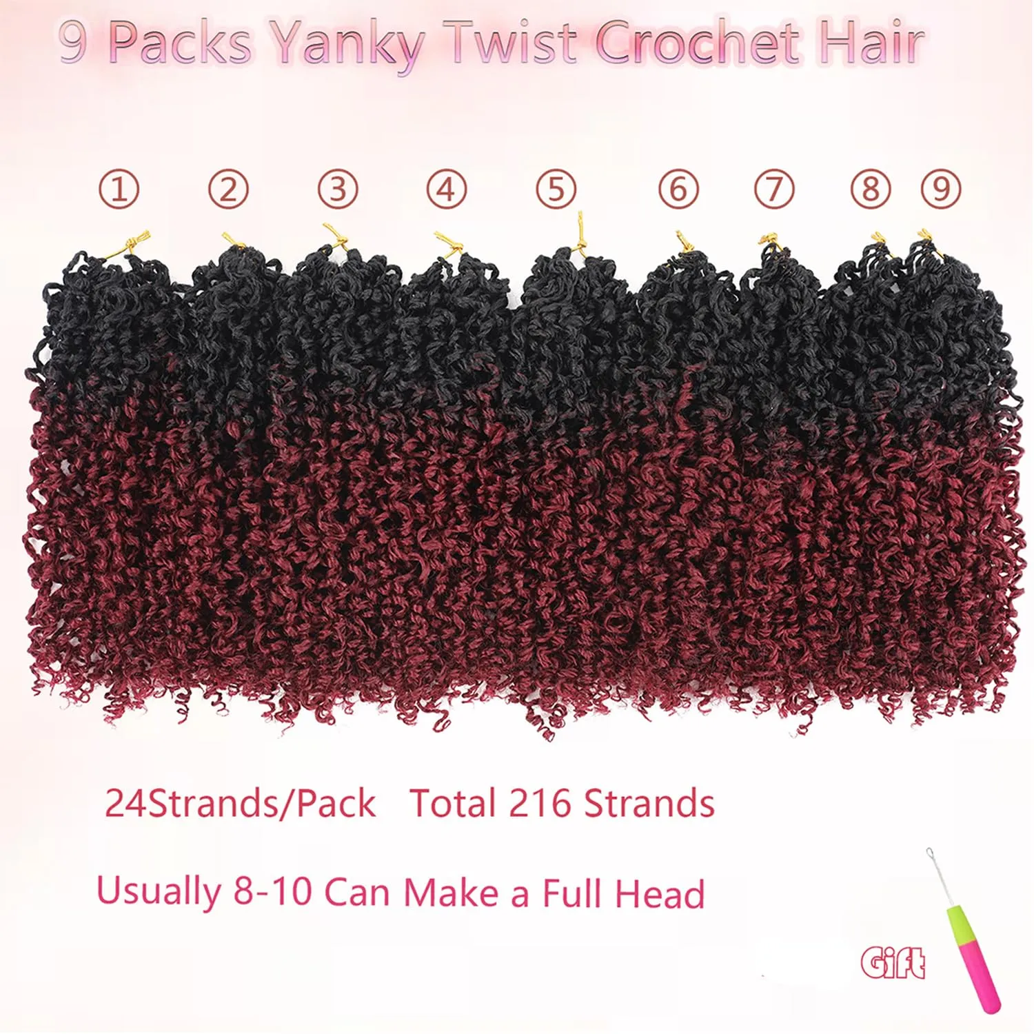 Ombre Ginger Yanky Twists Crochet 8 Inch Looped 9 Bundles/Lot Passion Twist, Kinky Twist Pre Looped Spring Twist Hair for Women 1B/350# 9pcs
